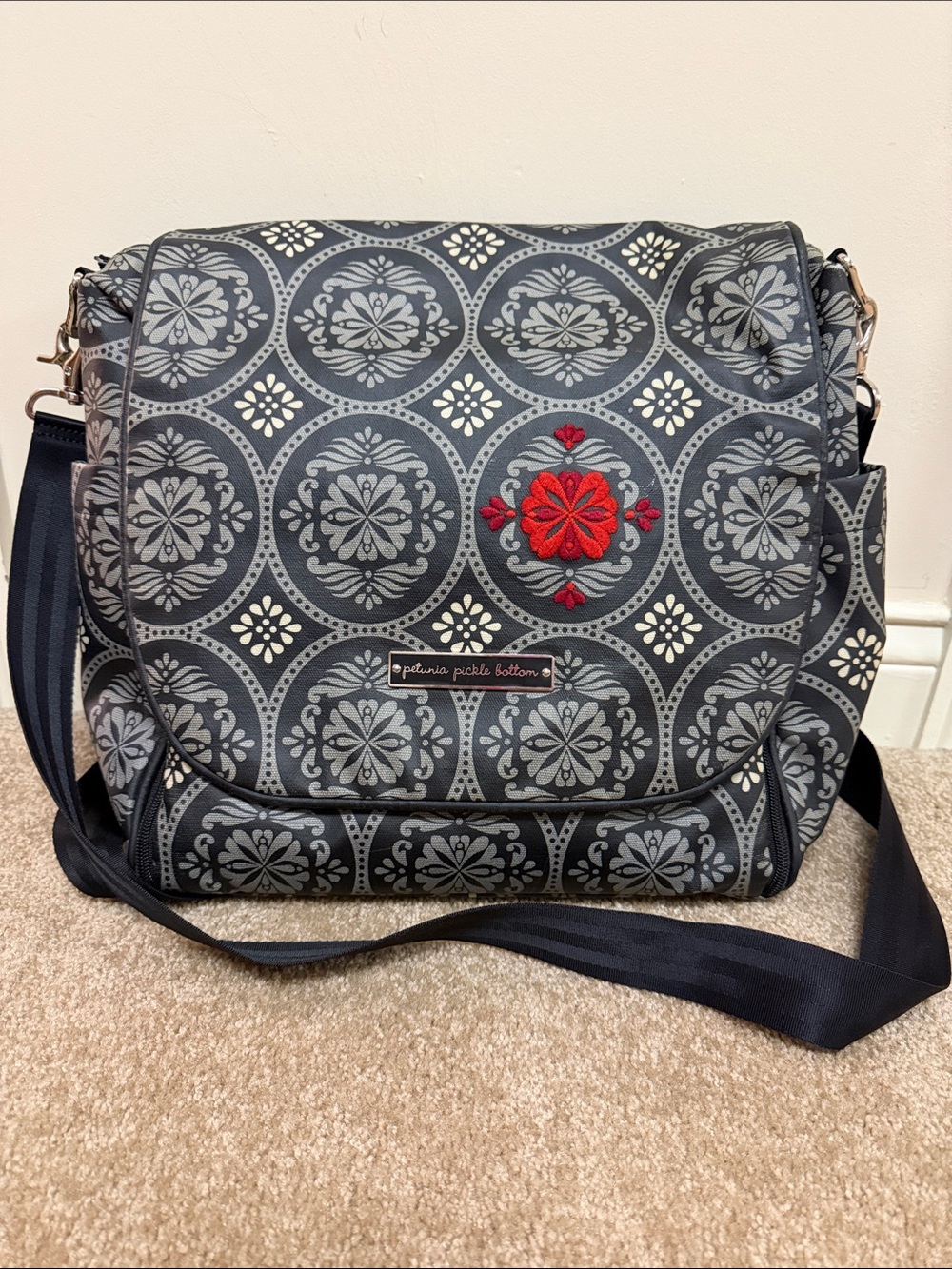 Petunia Pickle Bottom Gray  Patterned Diaper Bag with Red Embroidery
